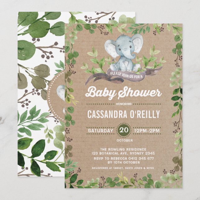 Baby shower d'éléphant neutre vert Invitation (Devant / Derrière)