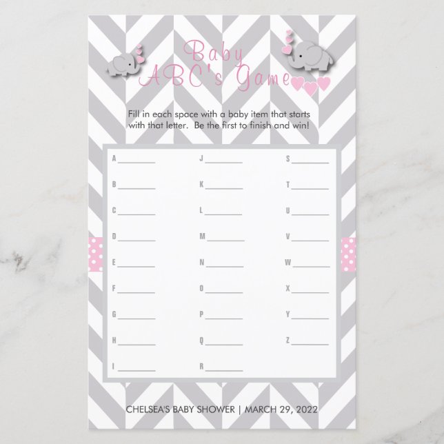 Baby shower d'éléphant rose et gris - ABC's Game (Devant)