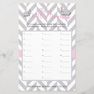 Baby shower d'éléphant rose et gris - ABC's Game