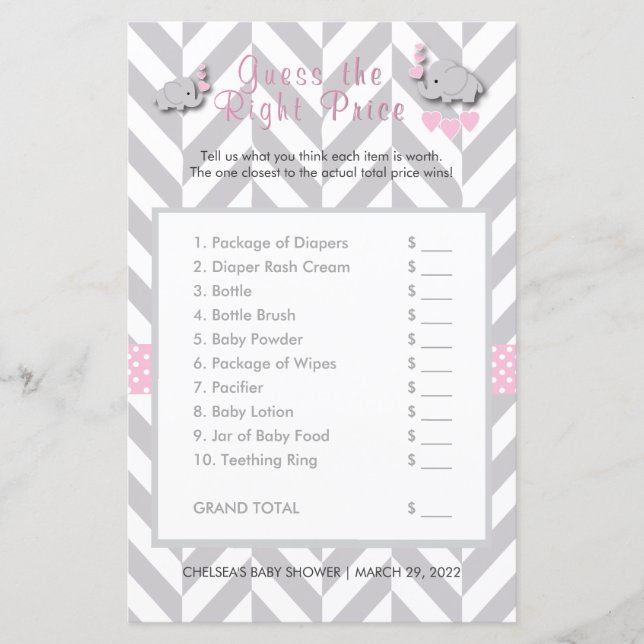 Baby shower d'éléphant rose et gris - Devinez le p (Devant)