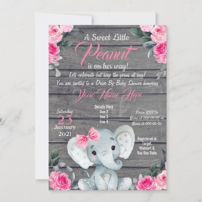 Baby shower d'éléphant rustique Invitation rose (Devant)