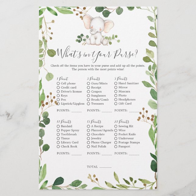 Baby shower d'éléphants Ce qui est dans votre sac (Devant)