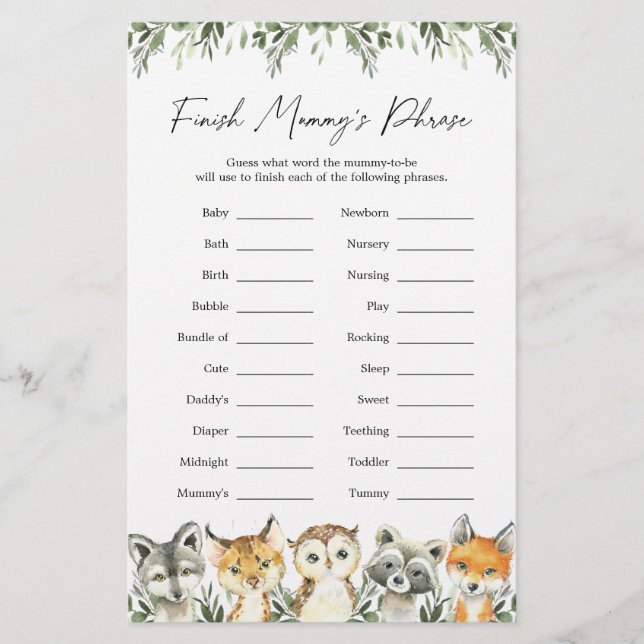Baby shower des animaux des bois Terminer la phras (Devant)