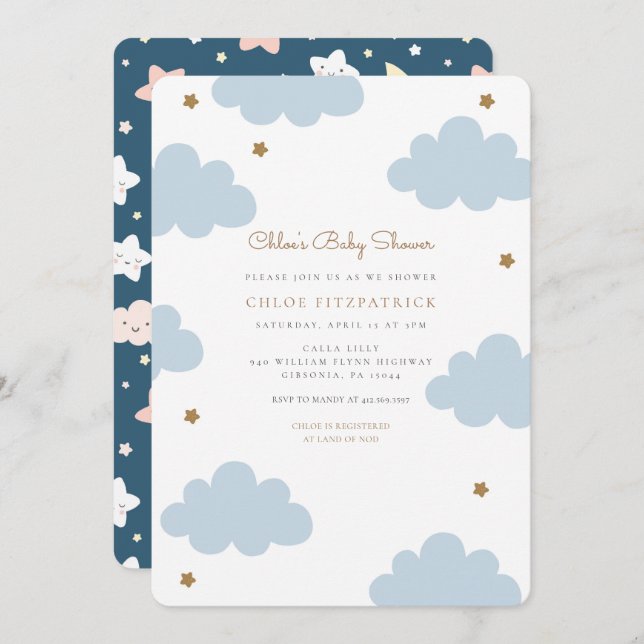 Baby shower des nuages roses doux Invitation Bleu (Devant / Derrière)