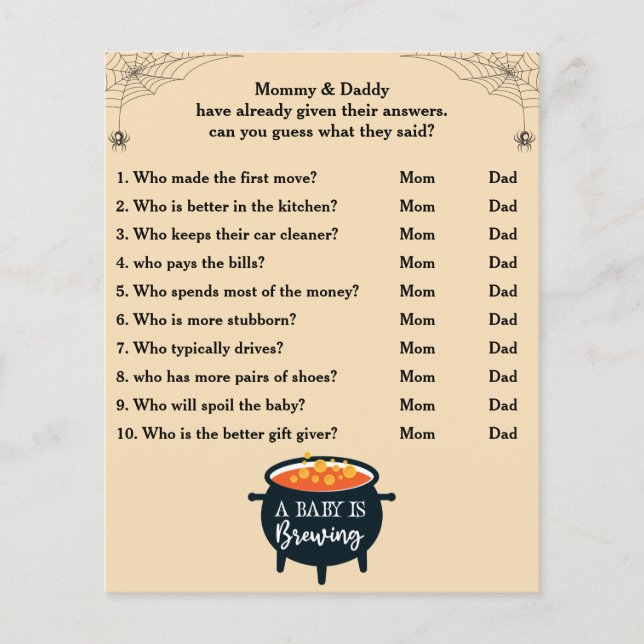 Baby shower d'Halloween Devinez Qui maman ou papa (Devant)