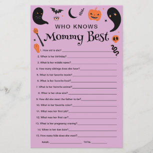 Baby shower d'Halloween violet qui connaît maman m