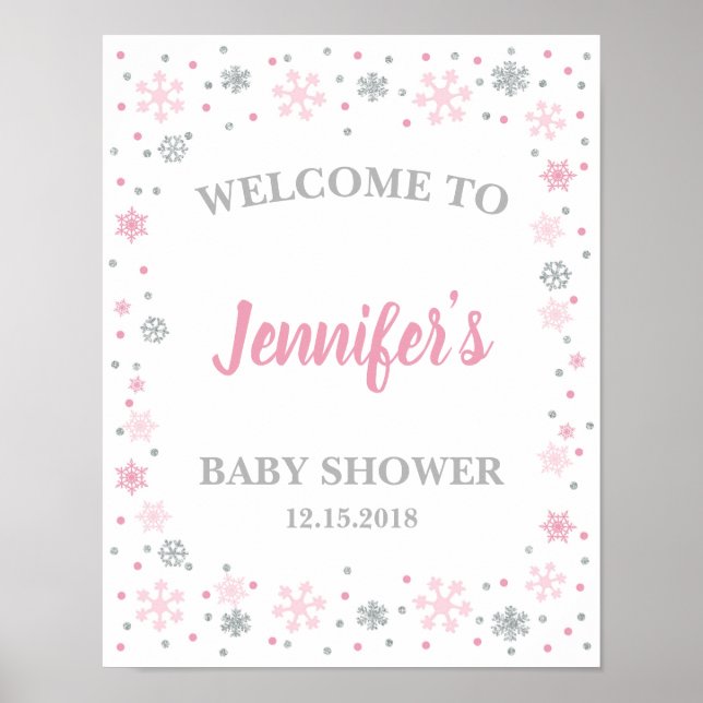 Baby shower d'hiver Affiche de bienvenue rose et a (Devant)