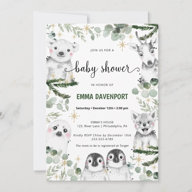 Baby shower d'hiver Animaux Invitation (Devant)