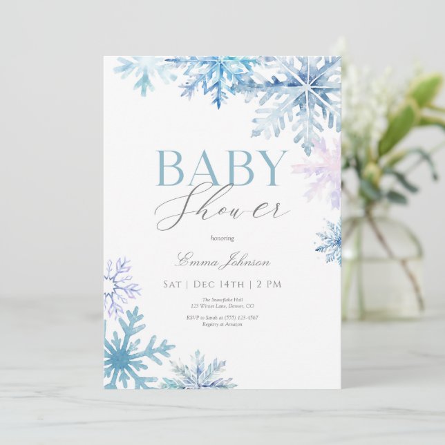 Baby shower d'hiver Blue Snowflake Invitation (Debout devant)