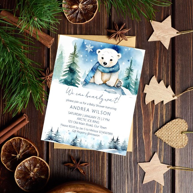 Baby shower d'hiver de l'ours polaire invitation b (Polar bear winter baby shower budget invitation cute white teddy bear with a scarf winter wonderland)