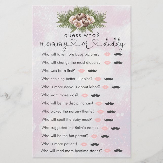 Baby shower d'hiver de Noël rose "Devinez qui" Jeu (Devant)