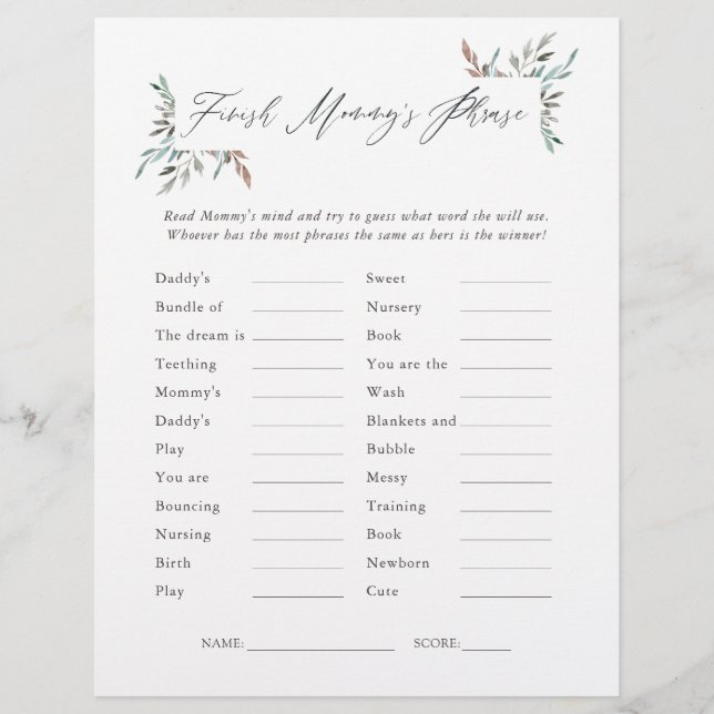 Baby shower d'hiver de verdure rustique Phrases Je (Devant)