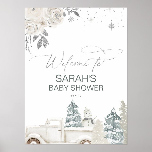 Baby shower d'hiver en argent ou Affiche de bienve (Devant)