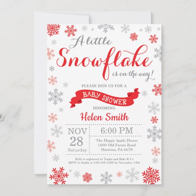 Baby shower d'hiver Invitation Flocon rouge (Devant)