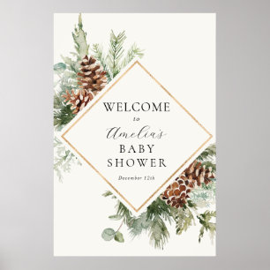 Baby shower d'hiver Poster de bienvenue À feuillag