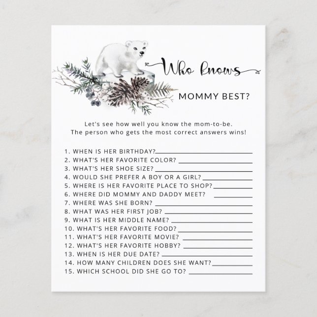 Baby shower d'hiver Qui connaît maman meilleur jeu (Devant)