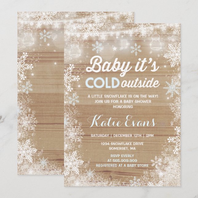 Baby shower d'hiver Rustique Invitation Bleu et bl (Devant / Derrière)