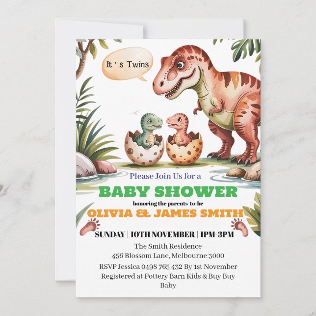 Baby shower Dinosaur pour Twins invitation personn (Devant)