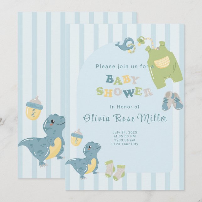 Baby shower Dinosaure Bleu Invitation (Devant / Derrière)