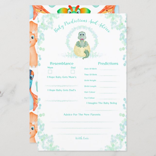 Baby shower Dinosaure Bleu Prédictions Et Conseils (Devant / Derrière)