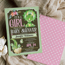 Baby shower Dinosaure Invitation fille, vert et ro