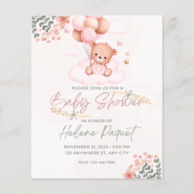 baby shower d'invitation, ours, animal mignon (Devant)