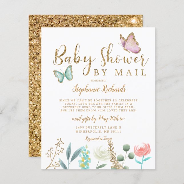 Baby shower d'or à papillon budgétaire par Invitat (Devant / Derrière)