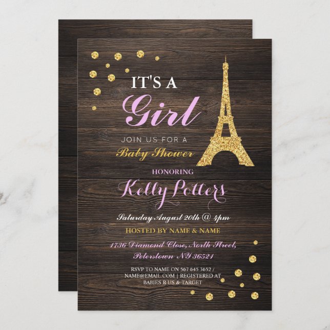 Baby shower d'or Girl Pink Paris Invitation en boi (Devant / Derrière)