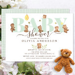 Baby shower d'ours au miel mignon Invitation<br><div class="desc">Baby shower mignon avec d'adorables nounours couleur eau avec le mot BABY en vert menthe et une ruche d'abeilles et de minuscules abeilles. Retournez notre conception pour voir notre coordination de retour.</div>