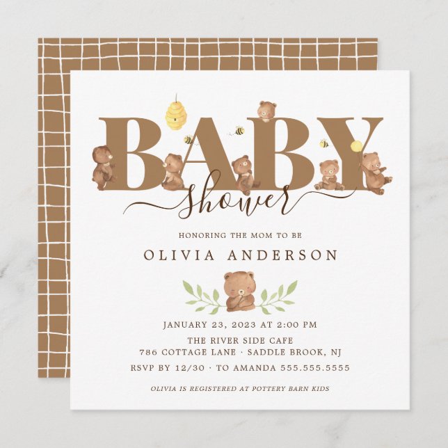 Baby shower d'ours au miel mignon Invitation (Devant / Derrière)