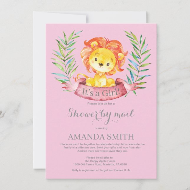 Baby shower du lion féminin par invitation postale (Devant)