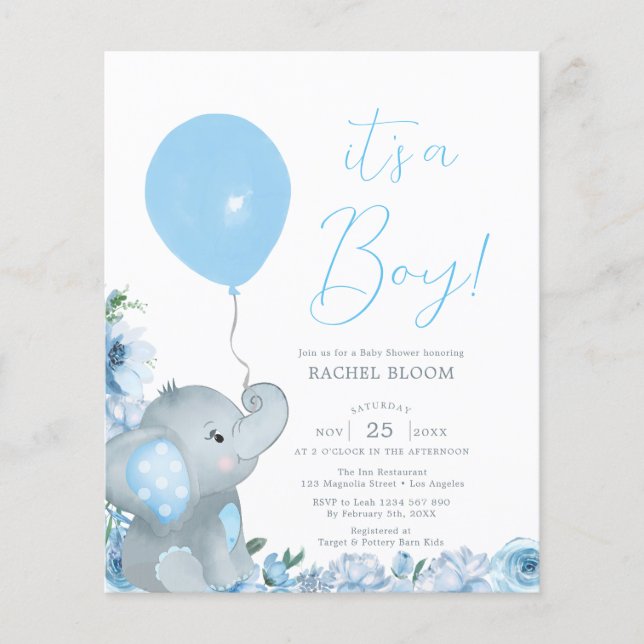 Baby shower Elégant Blue Elephant Budget (Devant)