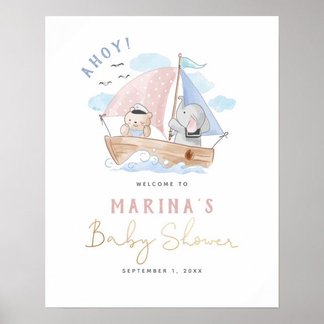 Baby shower Elephant & Bear Sailboat Affiche de bi (Devant)