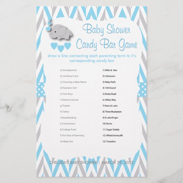 Baby shower Eléphant bleu et gris doux - Jeu 2 (Devant)
