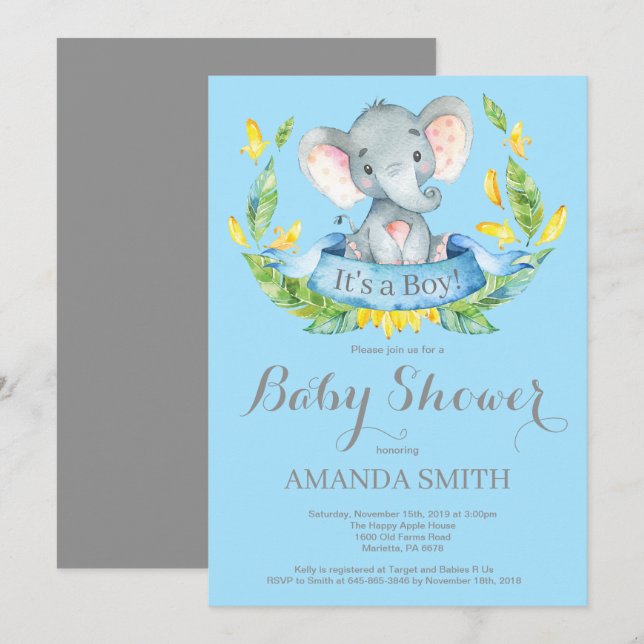 Baby shower éléphant garçon Invitation bleu et gri (Devant / Derrière)