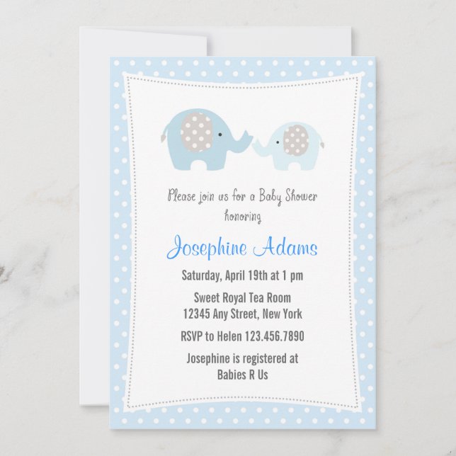 Baby shower éléphant Invitation bleu (Devant)