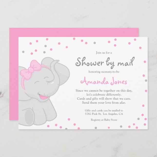 Baby shower Eléphant mignon fille 🎀 🐘 invitation (Devant / Derrière)