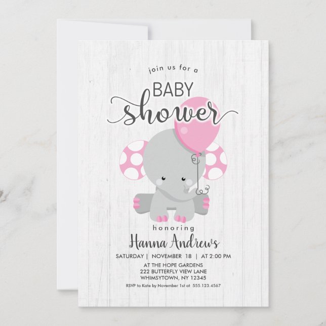 Baby shower éléphant rose bois blanc Invitation (Devant)
