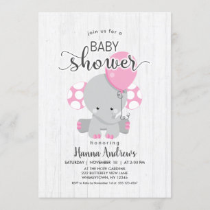 Baby shower éléphant rose bois blanc Invitation