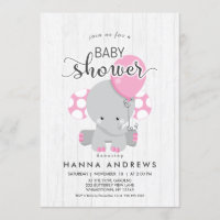 Baby shower éléphant rose bois blanc Invitation