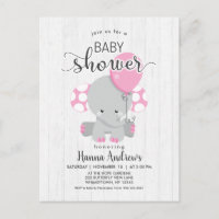 Baby shower éléphant rose bois blanc Invitation