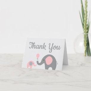 Baby shower Eléphant rose Carte de remerciements p