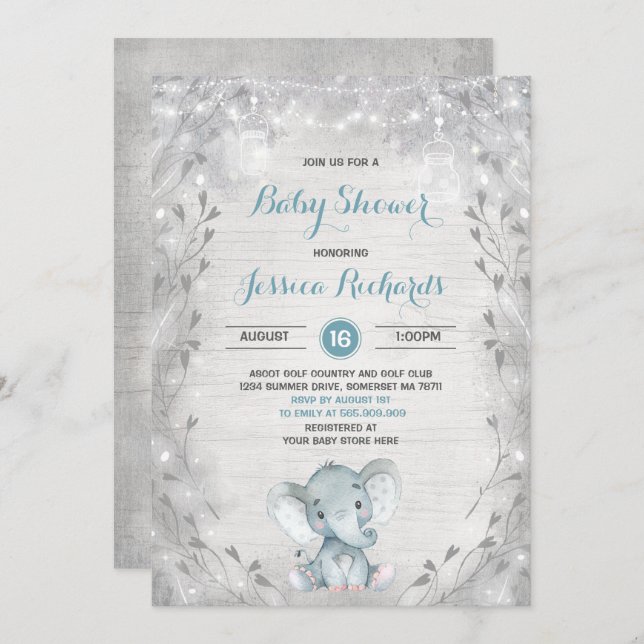 Baby shower Eléphant Rustique Invitation Garçon do (Devant / Derrière)