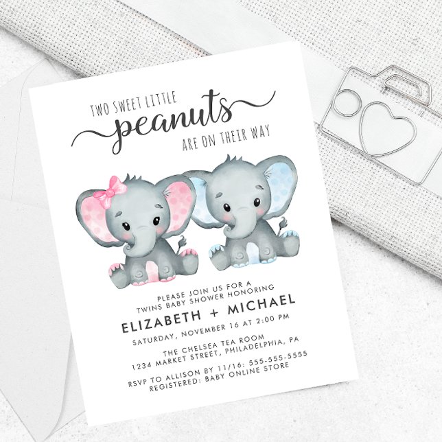 Baby shower Elephant Twin Boy Girl Couples Invitat (Créateur téléchargé)