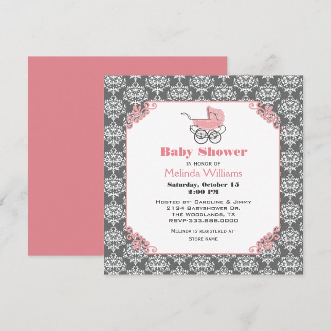 Baby shower Elgant Damask Pink Stroller Invitation (Devant / Derrière)