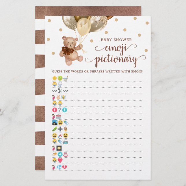 Baby shower Emoji Pictionary Jeu Teddy Bear Thème (Devant / Derrière)