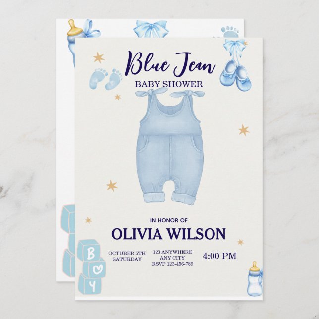 Baby shower en jean bleu bébé denim invitation (Devant / Derrière)