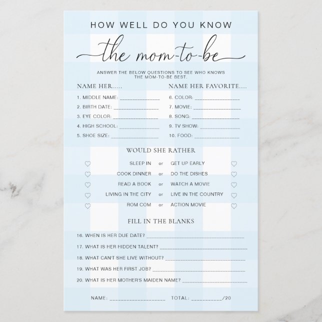 Baby shower En vichy Bleu Connaissez le jeu Maman- (Devant)