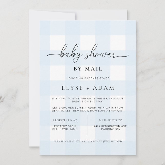 Baby shower En vichy Bleu Par Courrier Invitation (Devant)