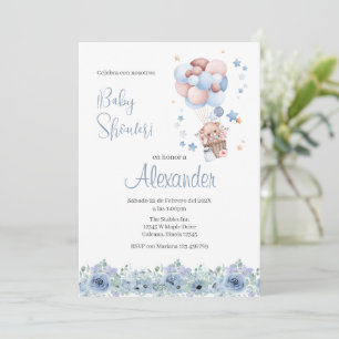 Baby shower espagnol floral bleu invitation garçon